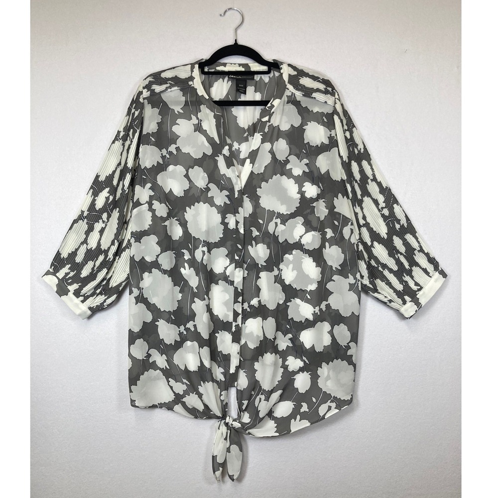 Floral Boho Lane Bryant Women 22/24 Grey Pleated Sleeve Tie Front Chiffon Blouse